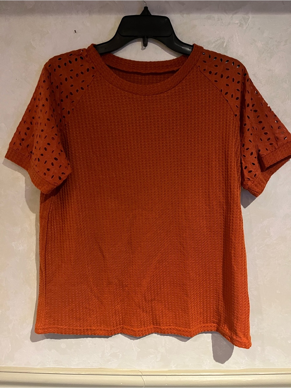 Women’s Short Sleeve Eyelet Accent Top in Rust